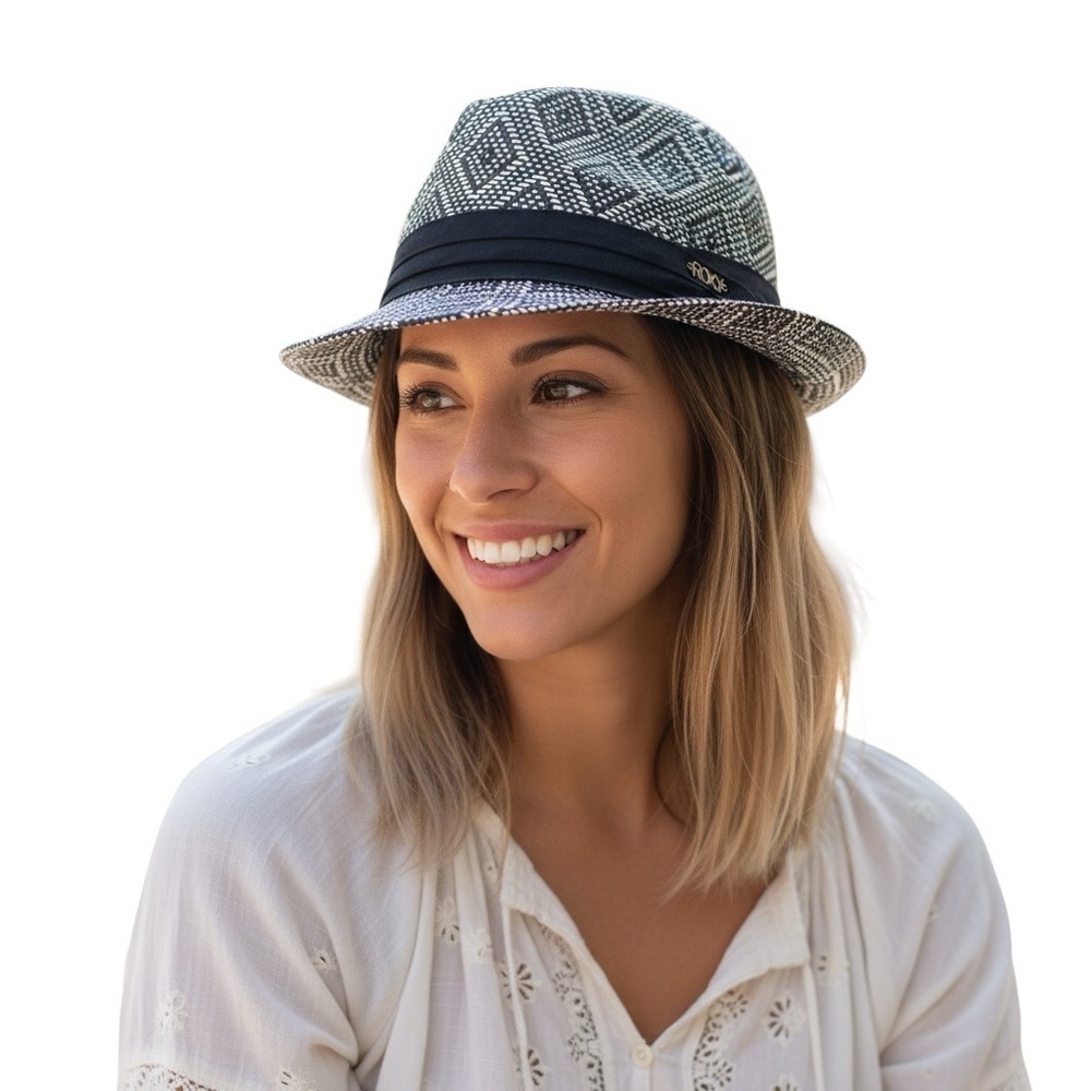 Roxy Monochrome Diamond Weave Paper Straw Fedora Hat EUC